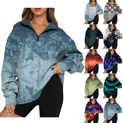Women's Casual Fashion Long Sleeve Flower Print Oversize Zip Sweatshirt Top