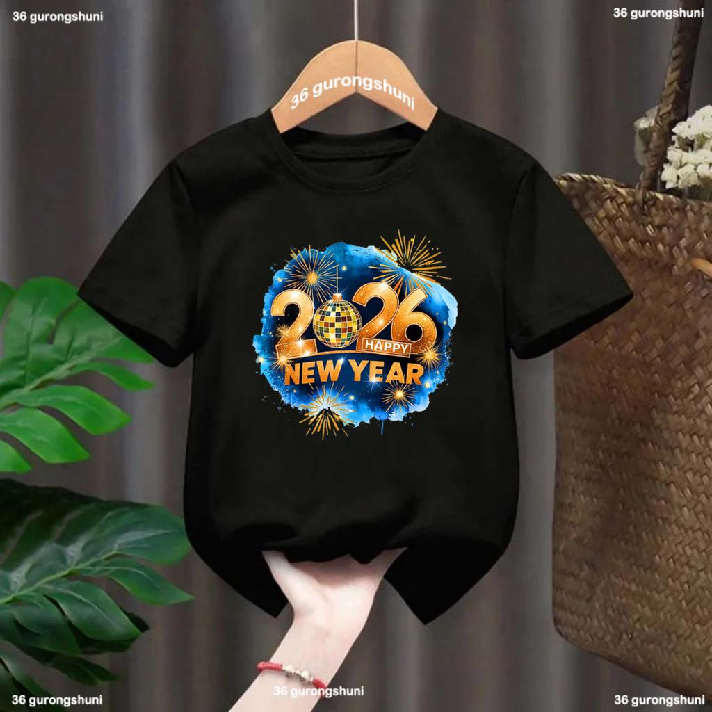 Happy New Year! Sparkling Gold 2026 Printed T-shirt Fashion Girls/Boys New Year Winter Holiday T-shirt Kids New Year Gift Tops