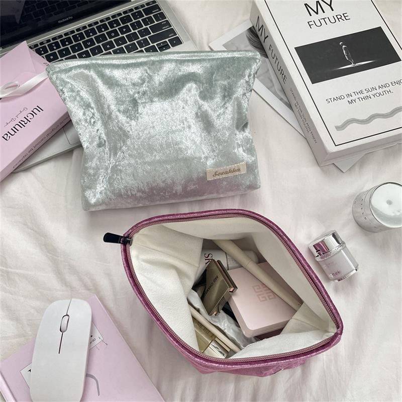 Trendy Velvet Cosmetic Bag Large Capacity Travel Suede Storage Bag Simple Women Girly Portable Clutch Toiletry Bag Gifts