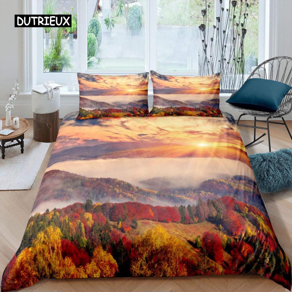 Smoky Mountain Duvet Cover Set Pine Trees Comforter Cover Boys Landscape Quilt Cover Natural Scenery Art Polyester Bedding Set