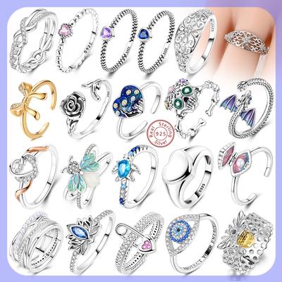 Original Rings 925 Silver Simple Sparkling Heart Bow Dragon Firefly Star Moon Ring for Women Girls Wedding Jewelry Gift
