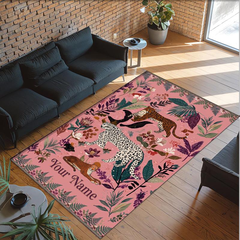 Leopard Theme Crystal Velvet Floor Rug Personalized Custom Name Text Warm Carpet Home Decoration