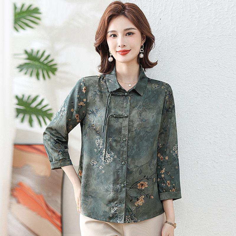 

Chic Printed Chiffon Blouse for Middle-Aged & Elderly Women - Spring/Summer Seven-Sleeve Collared Button-Up (Grandma Style) 4XL (130-145 jin) зелений