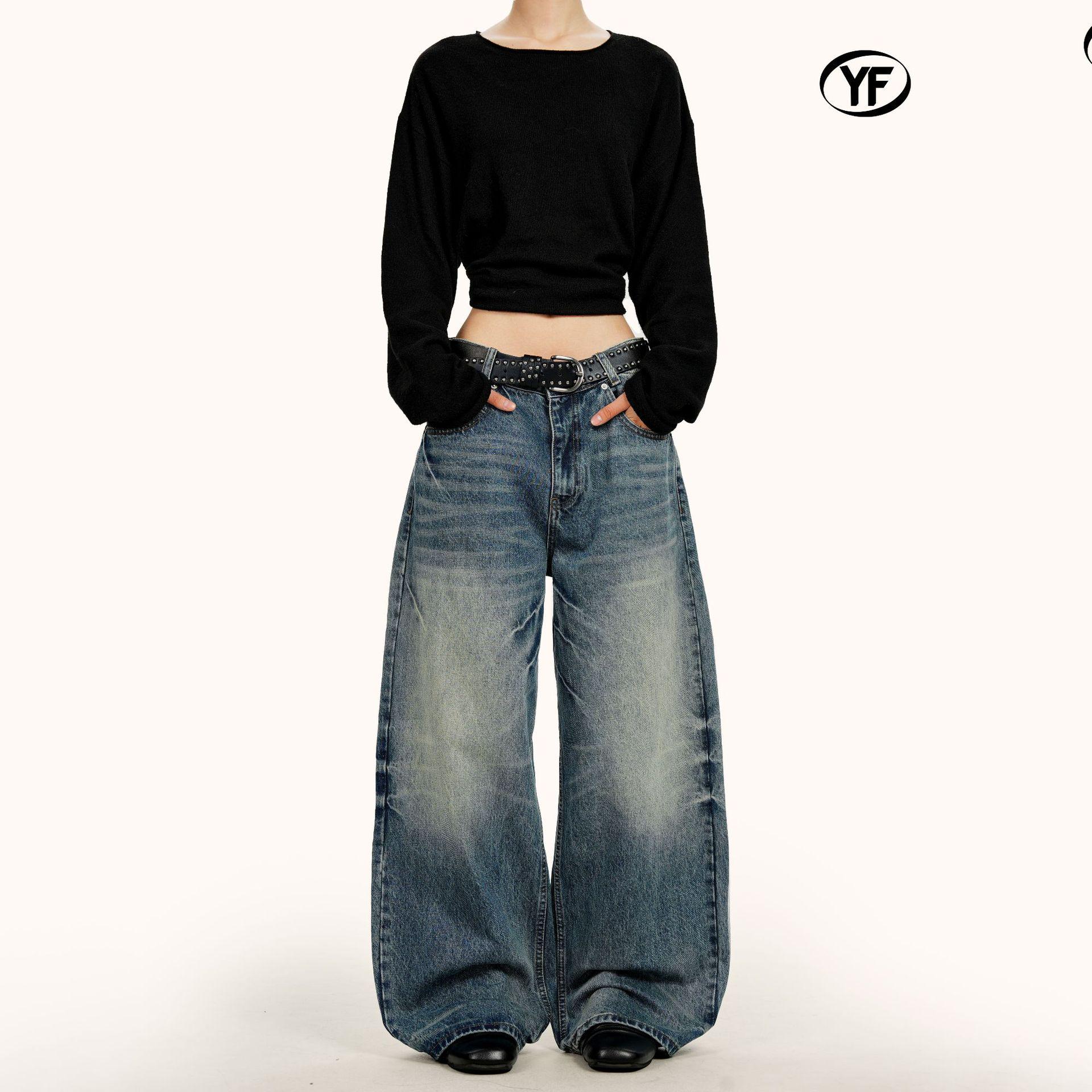 Yongfang Unisex Retro Washed Blue Jeans: Loose, Clean-Fit 3D Straight-Wide Leg Pants with Trendy Cat Whisker Design Large