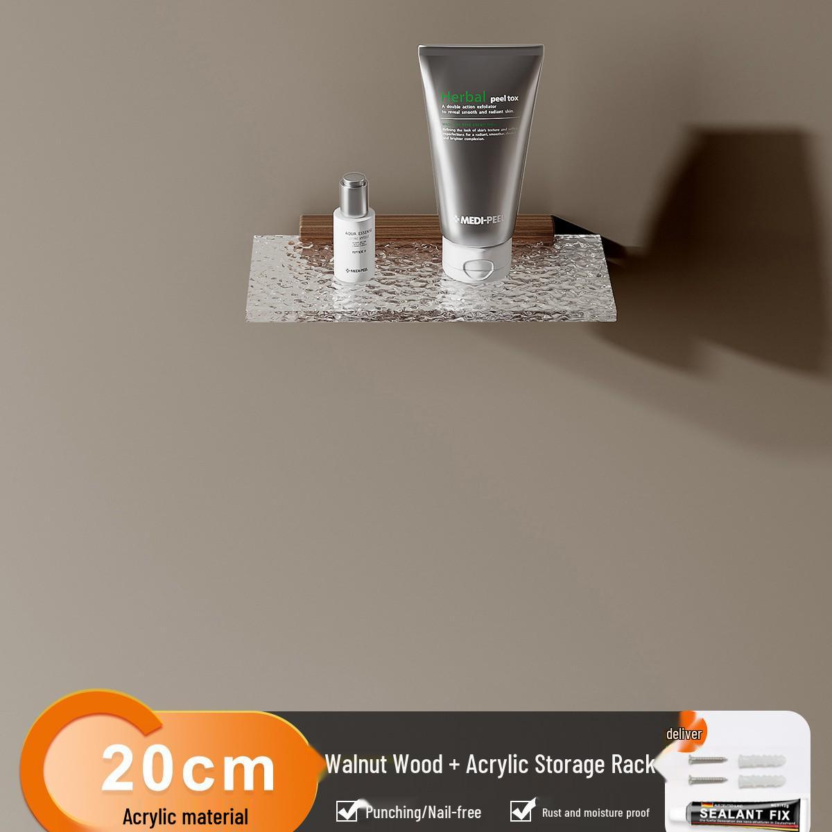 Walnut Acrylic No-Drill Wall Shelf: Bathroom Vanity & Skincare Organizer