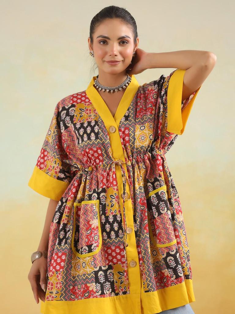 Hand block printed cotton top tunic kaftan handPrinted cotton w/pockets tunic loose fitting free size tunic RedYellow Kaftan Limited edition