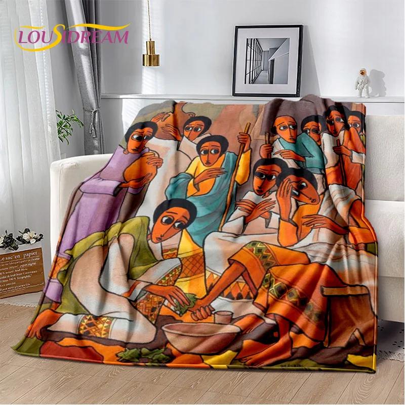 HD Africa Ethiopian Painting Art Cartoon Blanket,Soft Throw Blanket for Home Bedroom Bed Sofa Picnic Travel Office Cover Blanket