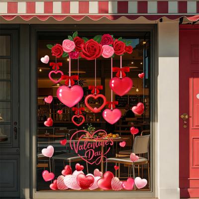 Raamstickers voor Valentijnsdag: rode en roze hartjes, herbruikbare statische stickers voor thuis, badkamer en kantoor.