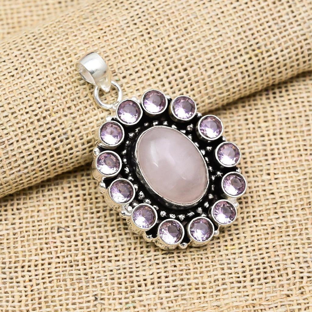Rose Quartz, Kunzite Gemstone Handmade 925 Sterling Silver Jewelry Unique Pendant For Her