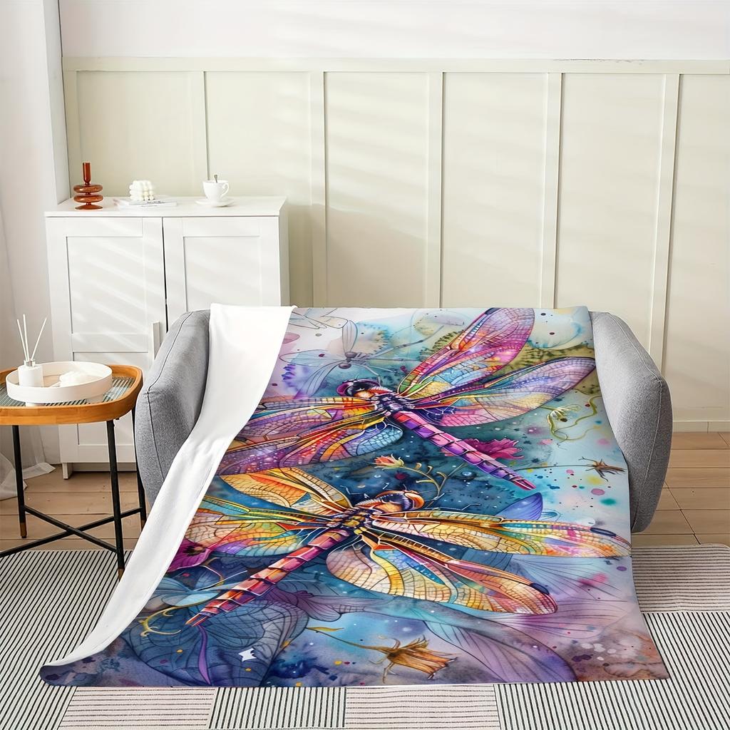 Coastal Style Dragonfly Pattern Throw Blanket, Vibrant Animal Themed Soft Flannel Fleece, All Seasons Knitted Blanket with Uniqu