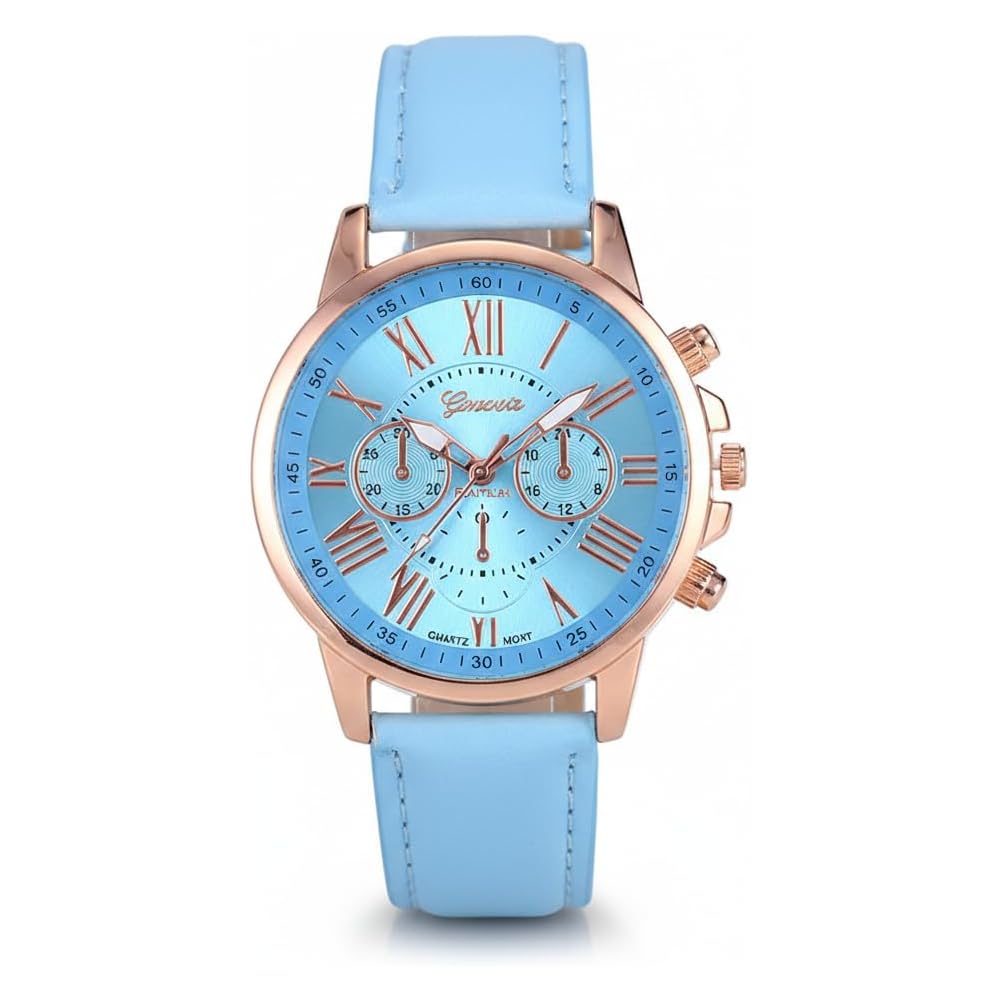 ZooooM Analog Quartz Watch Light Blue Round Face Chronograph Casual Business with Faux Leather Strap