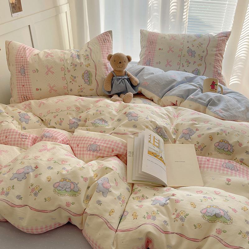 100% Pure Cotton Bed Four-piece Set Skin-friendly Water Wash Bed Sheet Quilt Cover Pillowcase Set