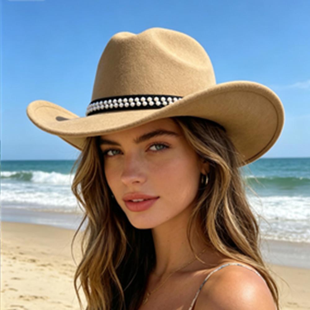European and American Style Woolen Pearl Accessories Cowboy Hat Woolen Pearl Cowboy Hat Autumn and Winter Cowboy Hat Grassland Knight Hat