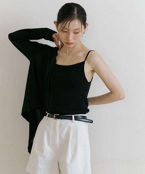 Lingseoul Cotton Blended Ribbed Sleeveless Top-Black