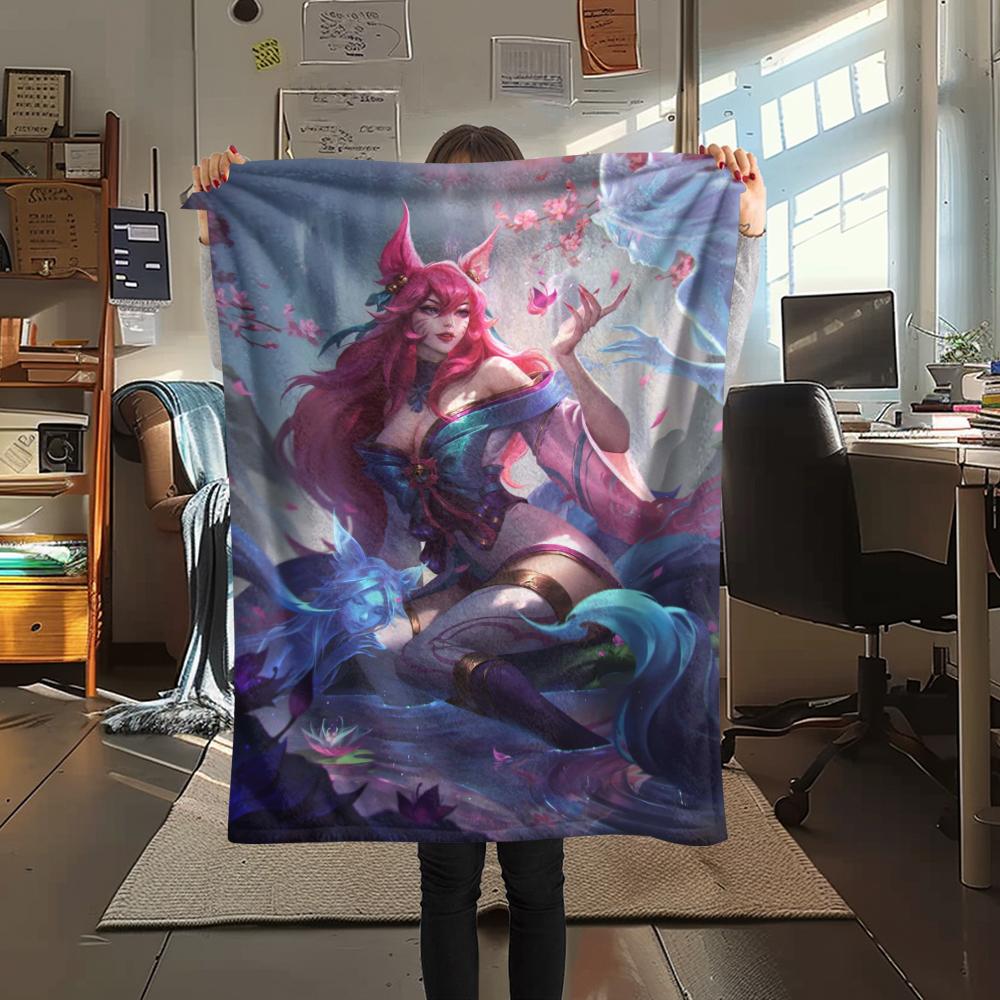1Pc KDA Ahri Print Flannel Blanket, High Quality Comfortable for All Seasons, Home Decor, Warmth and Comfort, Perfect for Gifts