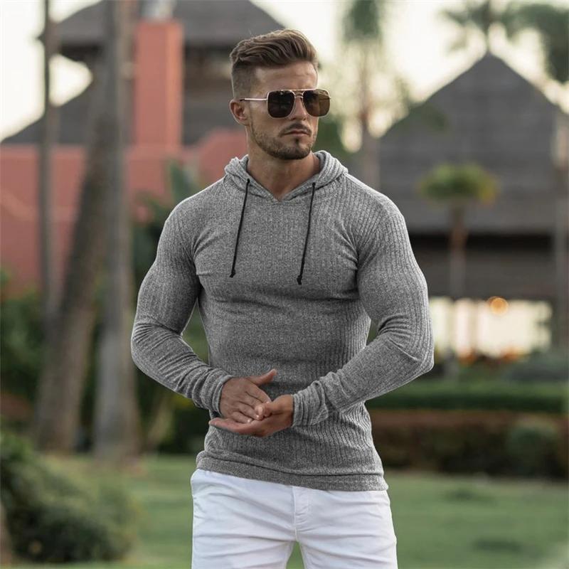 Muscleguys Spring Autumn Mens Running Hooded T-shirts Thin Knitted Sports Sweaters Classic Pit Strip Slim Fit Gym Fitness Pullover T Shirts