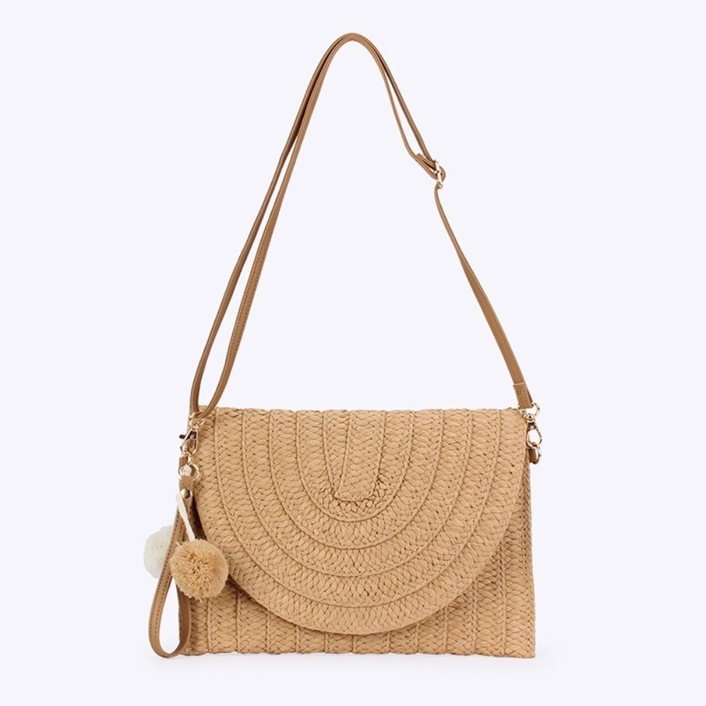 New Woven Texture Straw Crossbody Bag Hair Ball Pendant Envelope Shape Envelope Clutch White Khaki Shoulder Bag Travel Outing