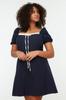 Women's Style Plus Size Navy Blue Woven Collar Detailed Dress