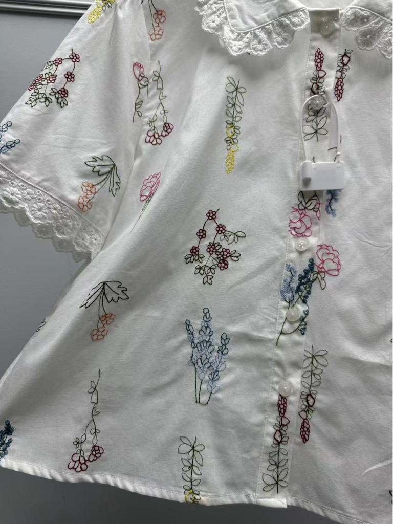French Floral Embroidered Lace-Trim Lapel Short-Sleeve Loose Shirt for Women