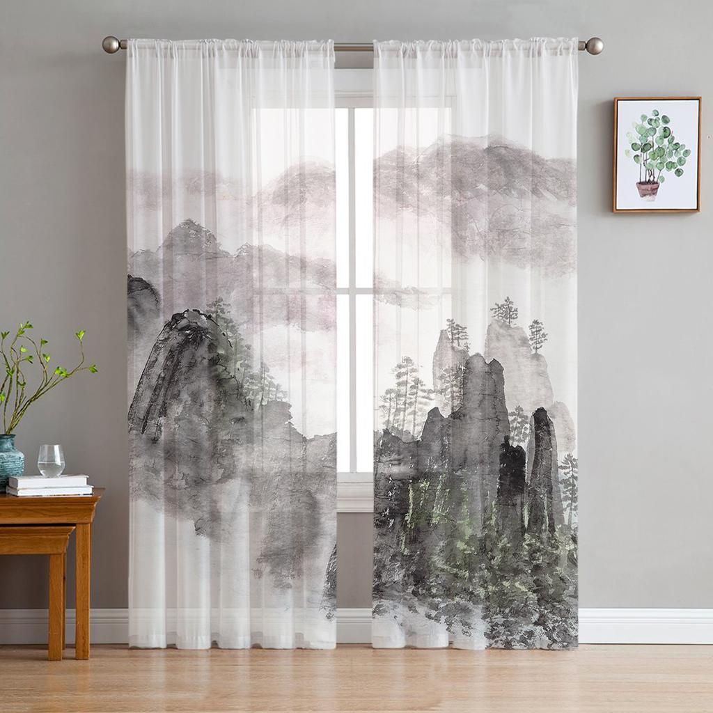 Landscape Ink Painting Chinese Style Sheer Tulle Window Curtains For Living Room Bedroom Kitchen Veiling Curtain Home Decoration