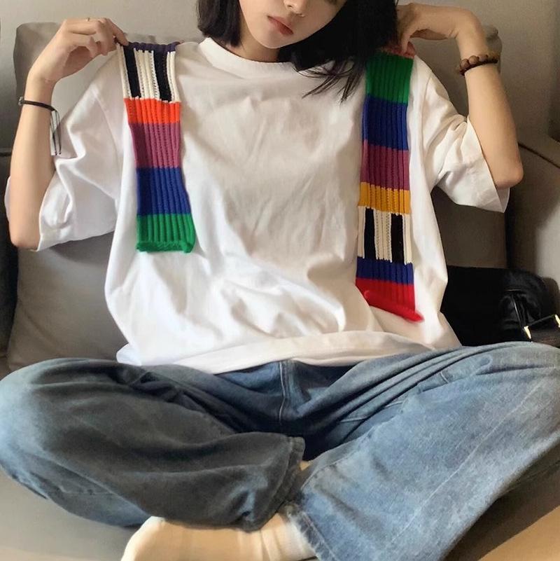 

Женская свободная хлопковая футболка в стиле пэчворк «Радуга» - Летний повседневный топ с коротким рукавом XXXL белый