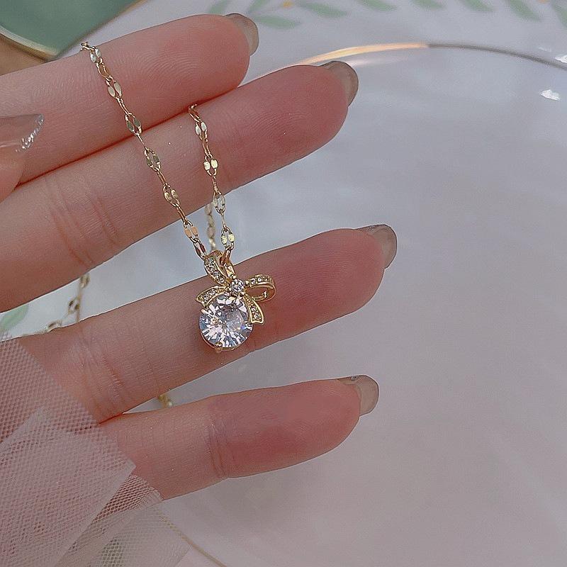14K Gold-Plated S925 Sterling Silver Bow Zircon Necklace - Versatile & Fashionable Women s Clavicle Chain. 14K Gold Color
