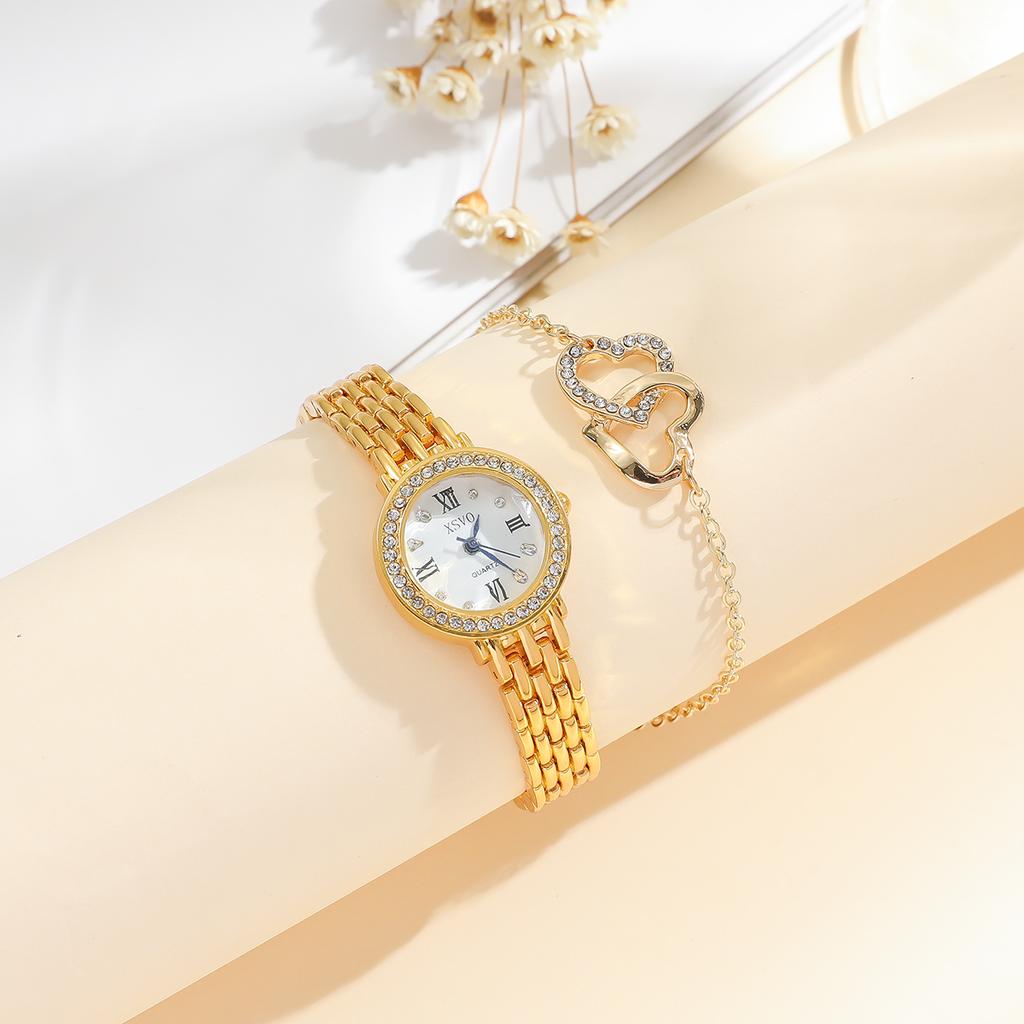 Ladies classic round diamond dial steel strap quartz watch; heart to heart bracelet necklace earrings rings fashion versatile.