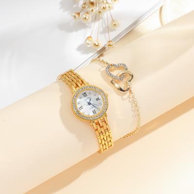 Ladies Classic Round Diamond Dial Steel Strap Quartz Watch; Heart To Heart Bracelet Necklace Earrings Rings Fashion Versatile.
