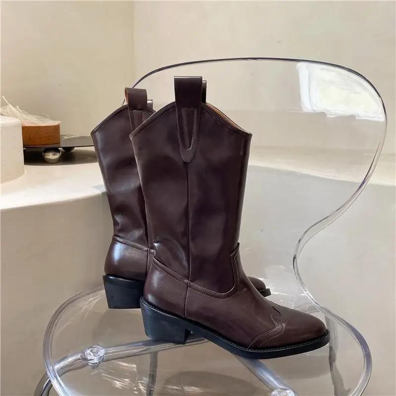 Fashion Half High Boots for Women Waterproof Mid Calf Shoes Woman Retro Pointed Toe Chic and Elegant Boot Sale Pu Quality On Offer Y2k