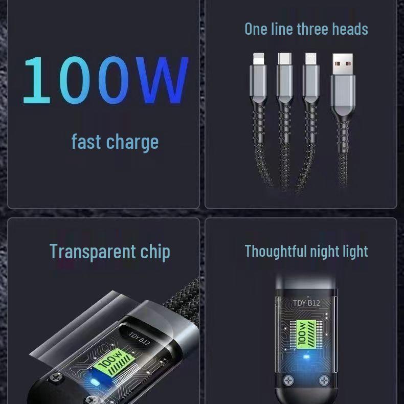 100W Transparent 3-in-1 Fast Charging Cable for Apple, Android, Huawei