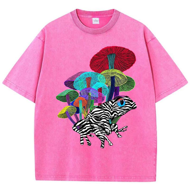 Neon Style Frog With Mushrooms Print Women Washed T-Shirt Loose O-Neck T Shirts Cotton Clothes Vintage Short Sleeves