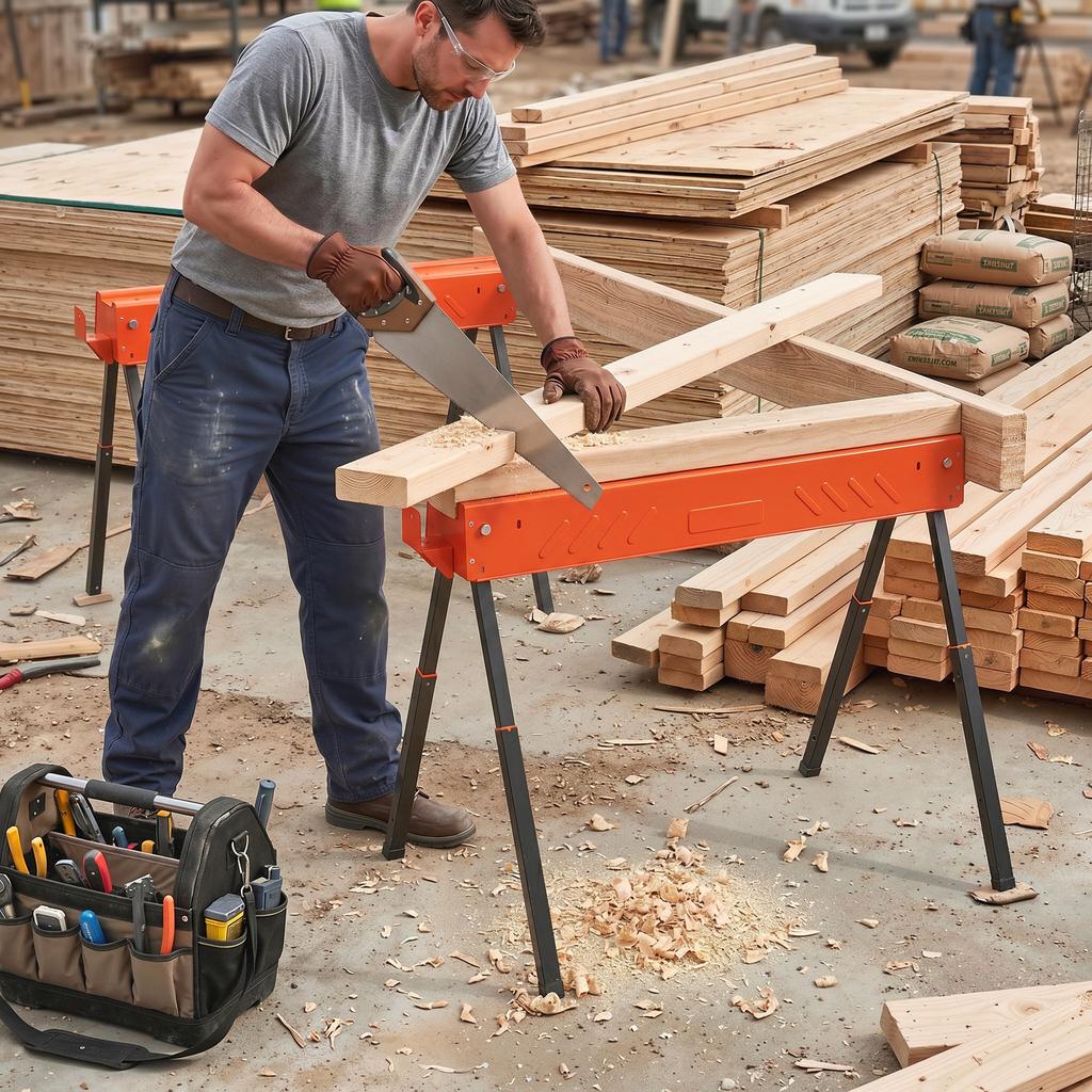 Saw Horses Twin Pack, Folding Work Bench Sawhorses with Height Adjustable Legs, 2x4 Bracket, Orange
