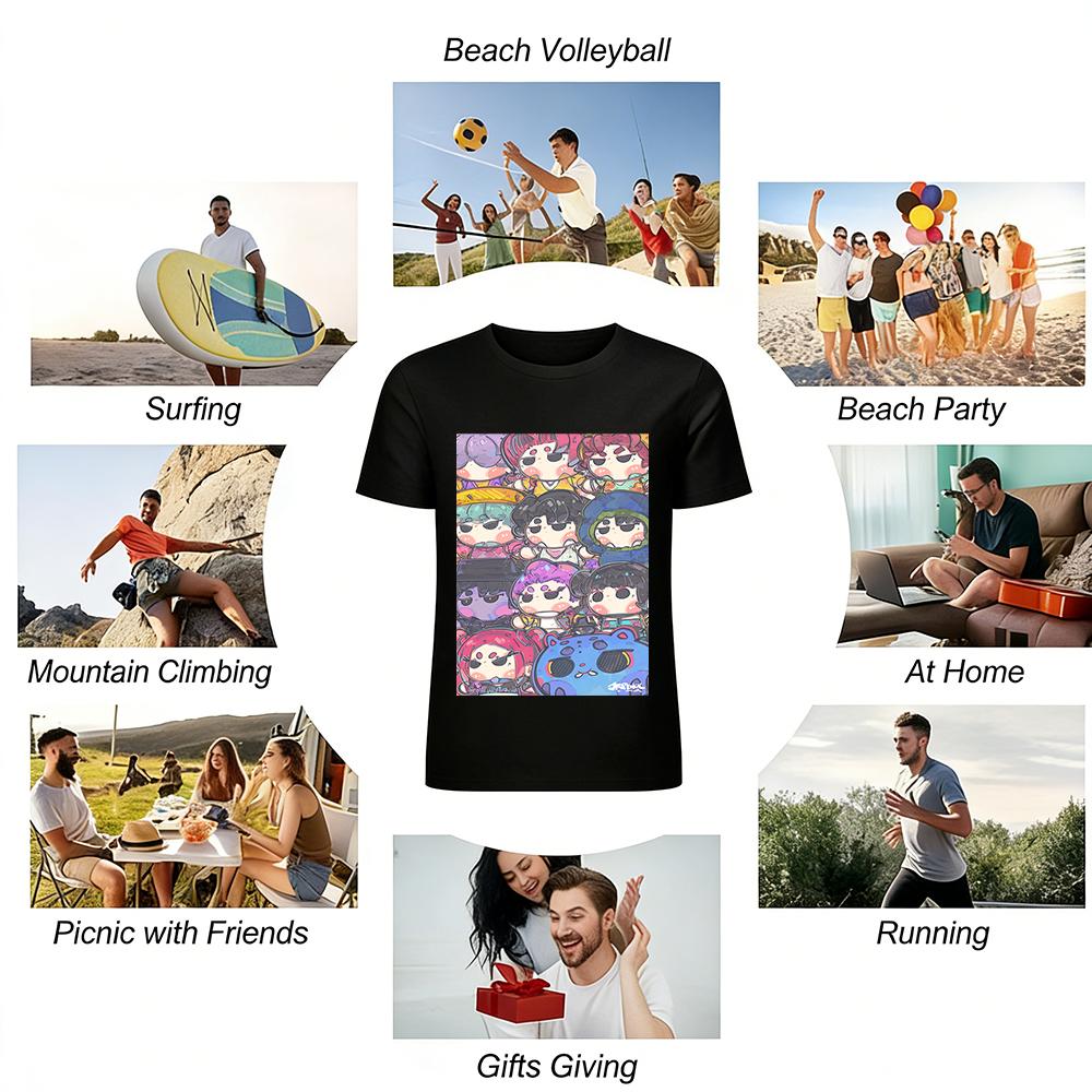 Cute Q Version Cartoon Characters Print Top Unisex Loose Casual Daily Versatile Crew Neck T-Shirt Pure cotton T-shirt