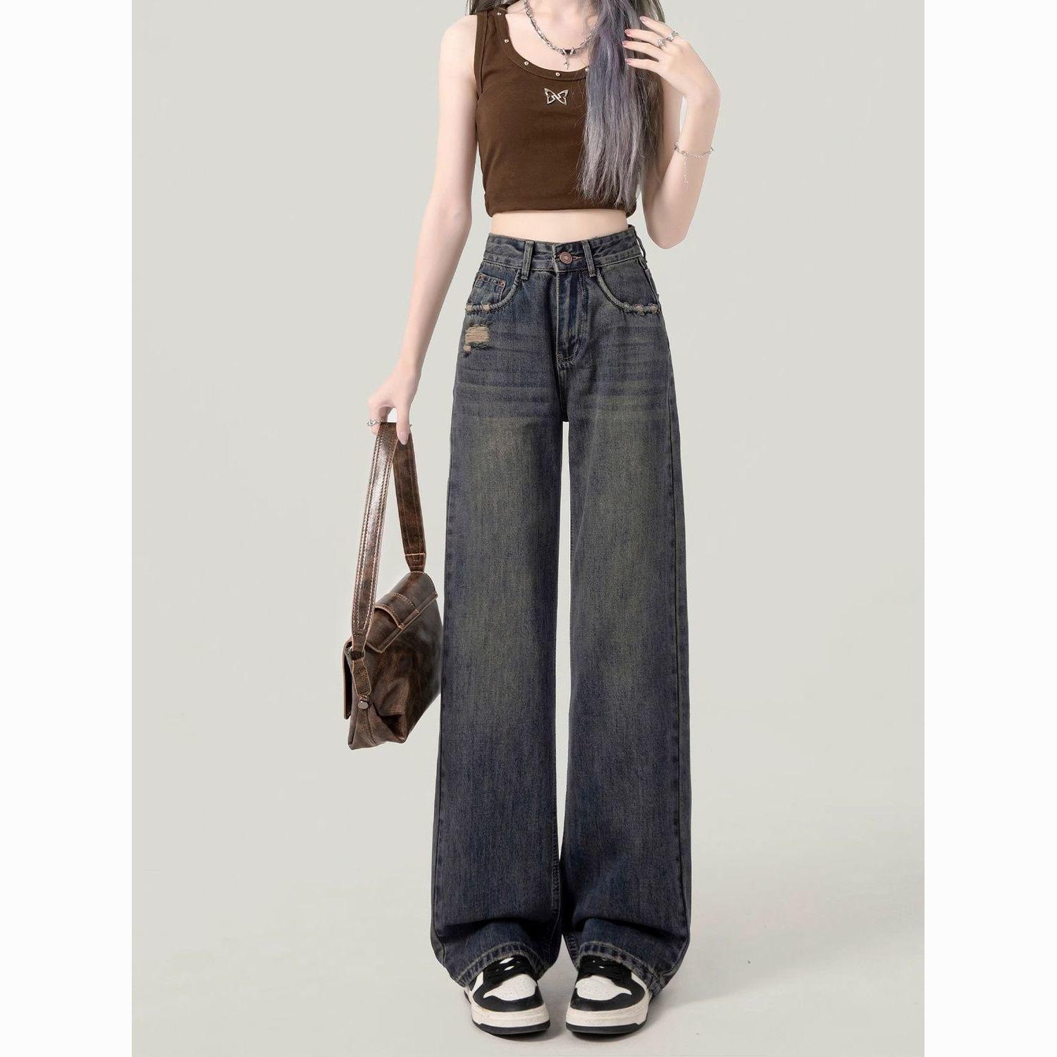 2025 Spring Trend: High-Waisted Cement Gray Wide-Leg Jeans for Women - Slimming, Loose, Floor-Length, Straight-Leg Style Small