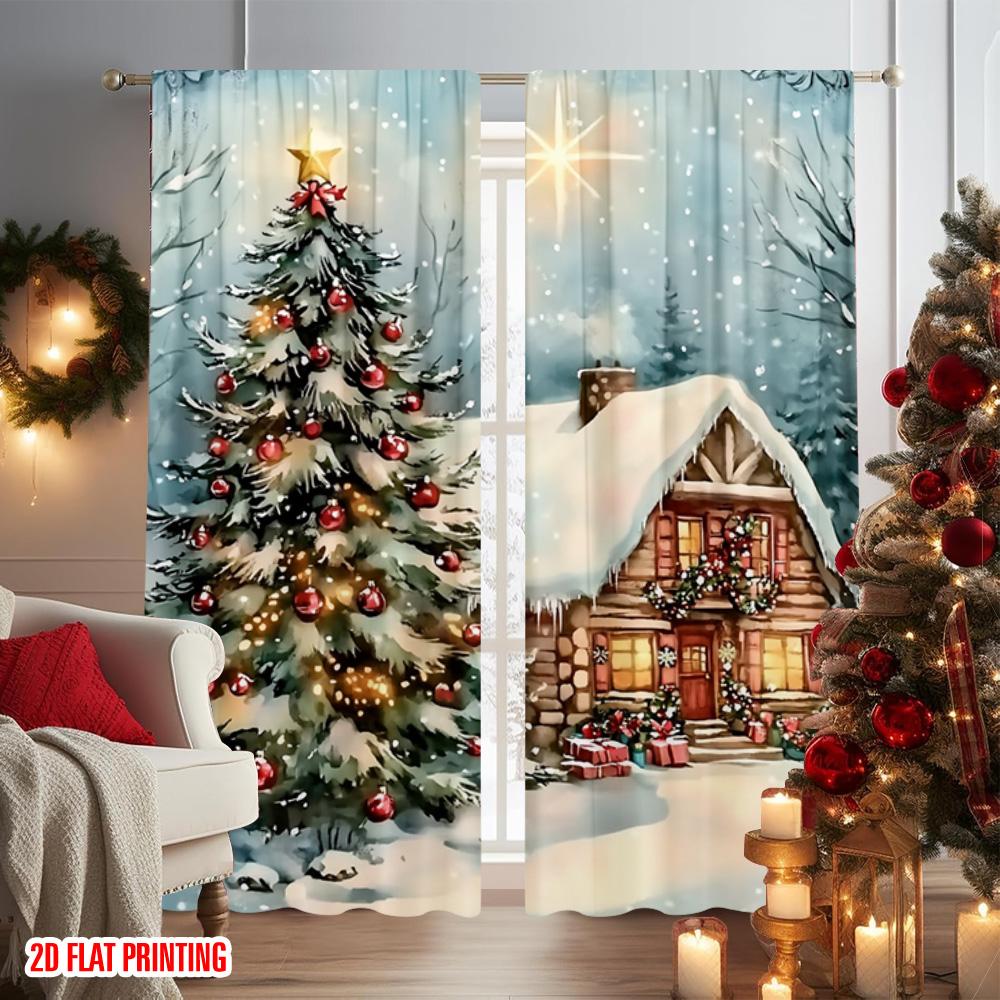 2ks 2D plochý tisk Veselé Vánoce Scénické závěsy Vánoční chata Látka pratelná v pračce Bez elektřiny Jarní párty &