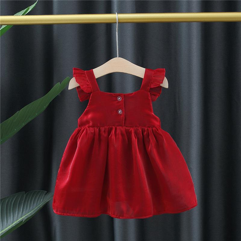Comfortable Lace Flying Sleeve Baby Dress Sweet Solid Color Vest Dress for Girls