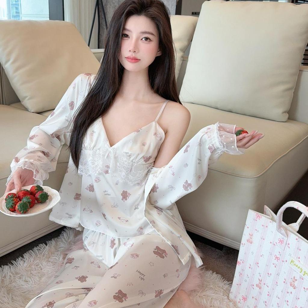 New Women's 3-Piece Ice Silk Pajama Set: Lace Camisole, Long-Sleeve Top, and Floral Homewear with Chest Pads
