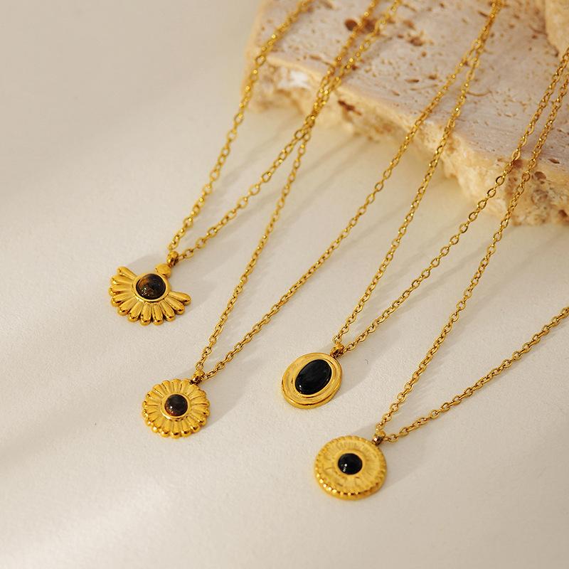 French Vintage Sunflower Natural Stone Pendant Necklace For Women Fashion Minimalist O-Link Chain Gold Collarbone Chain