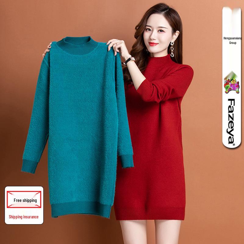 

Women s Mid-Length Fleece-Lined Woolen Dress with High Neck L 110 озеро синього кольору