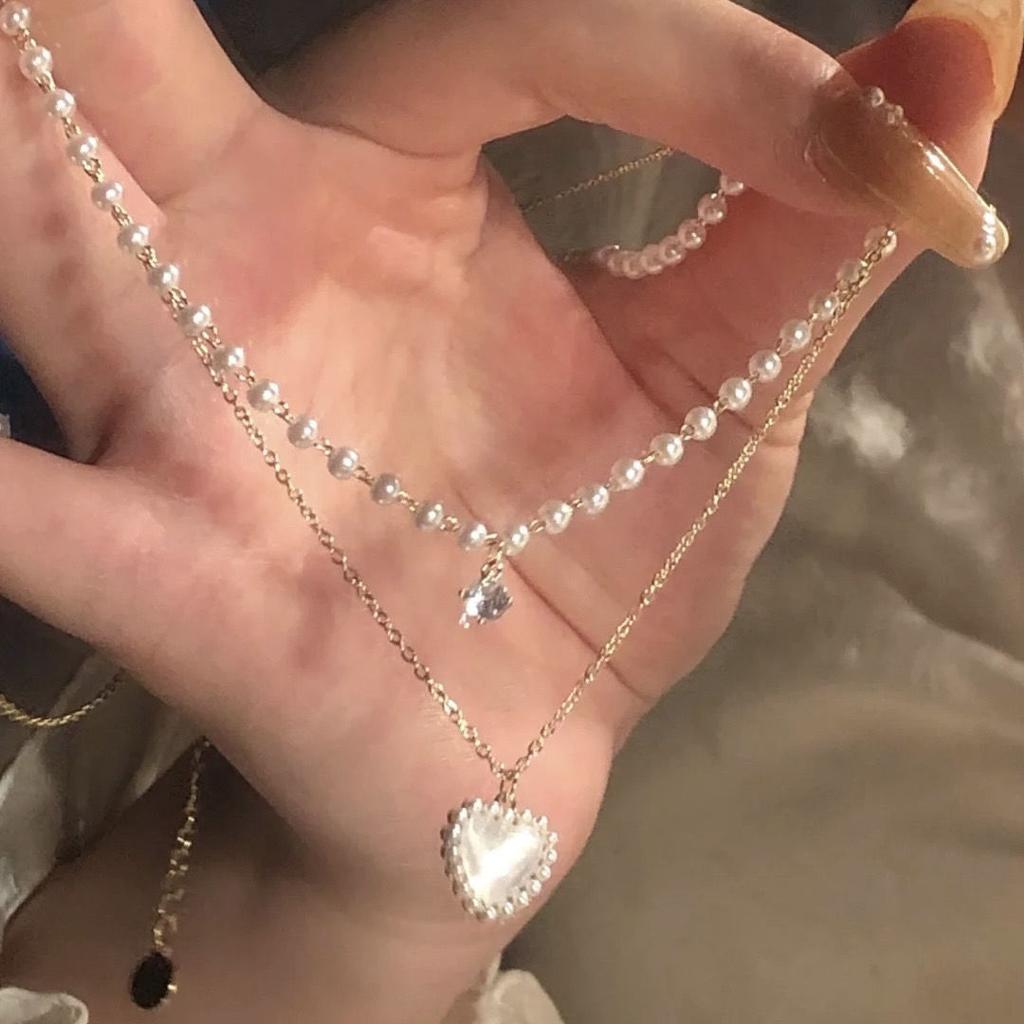 Micro-inlaid pearl double-layer love necklace women's light luxury high-end design sense niche stacked neck chain tide collarbone chain
