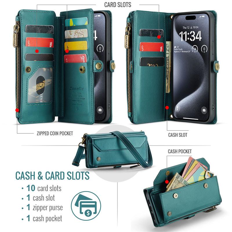 Capa de Celular de Couro Flip com Cordão Longo para iPhone 17 Pro Max Air 16E 16 Plus 15 14 13 12 11 X XS XR SE 2022 8 Carteira com Zíper Porta Multi Cartões Capa