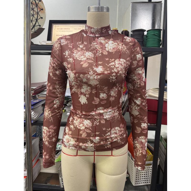Women's Long Sleeve T-shirt Slim Fit Stand Collar Mesh Retro Printed Floral Women's T-Shirts Fashion Elegant Sexy See Through Base Female Tee Tops