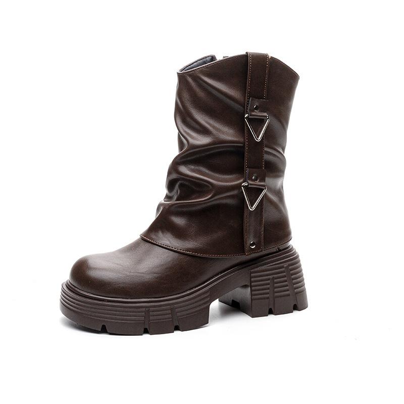 Autumn and winter new versatile casual leather boots thick-soled heightening small stacking boots velvet warm solid color women's boots