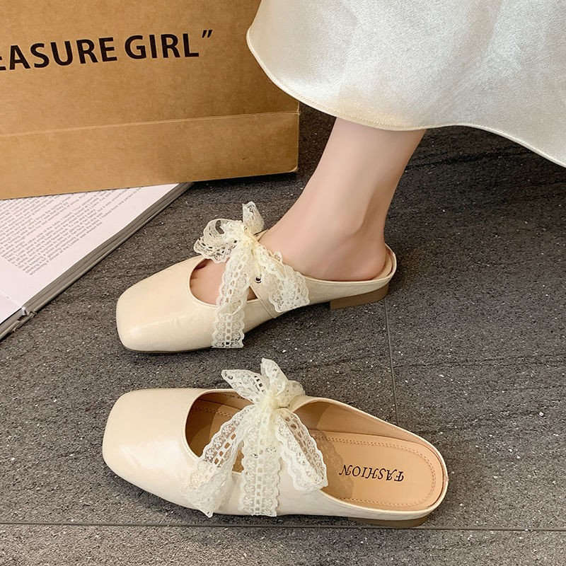 Low-heeled Lace Bow Mary Jane Sandals Women's Outer Wear 2025 Spring and Summer New French Beautiful Bag Head Half Slippers