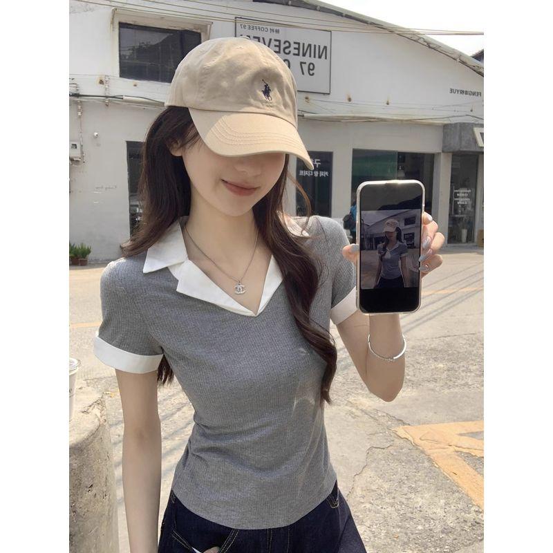 Kumikumi Casual Temperament Contrast Color Suit Collar Short Sleeve T-shirt Women Summer Slim Fit Slimming Versitile Fashion Top