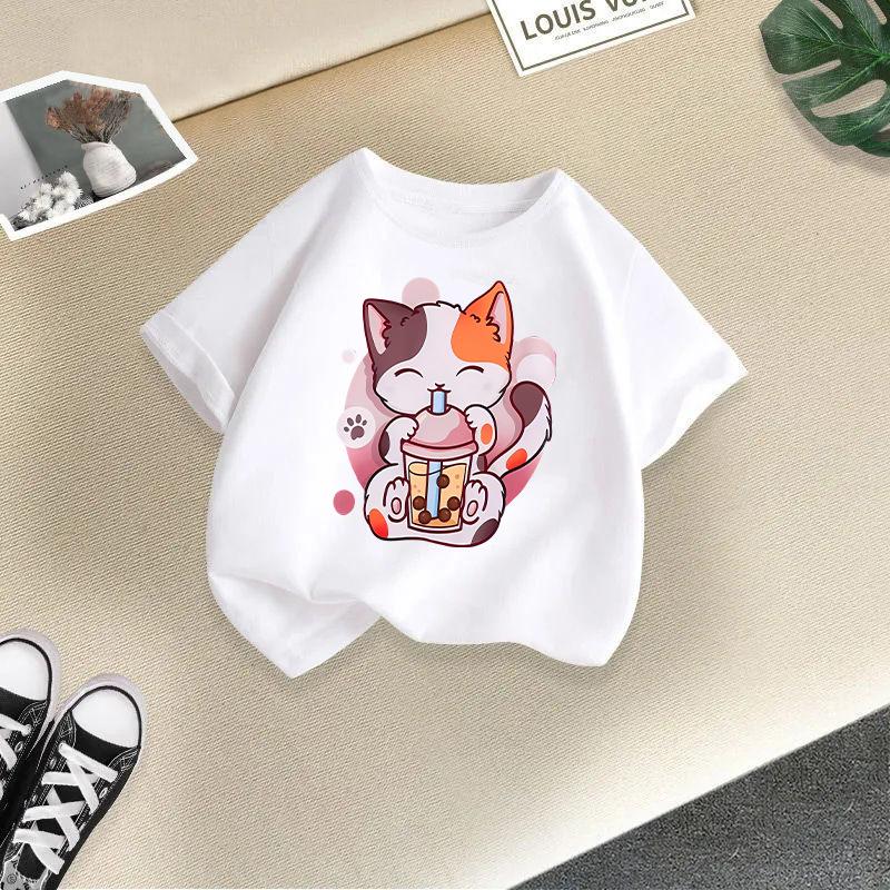 Children T-shirt Cute Cat Printed Kids 100% Cotton Clothes Tops 2-13Y Loose-fit Casual  O-Neck Short-sleeve T-shirt