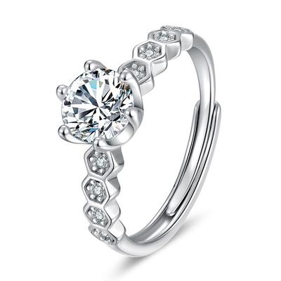 Square Six-Claw Ring Honeycomb Ring Elegant Queen Fashion Imitation Moissanite Open Six-Claw Ring