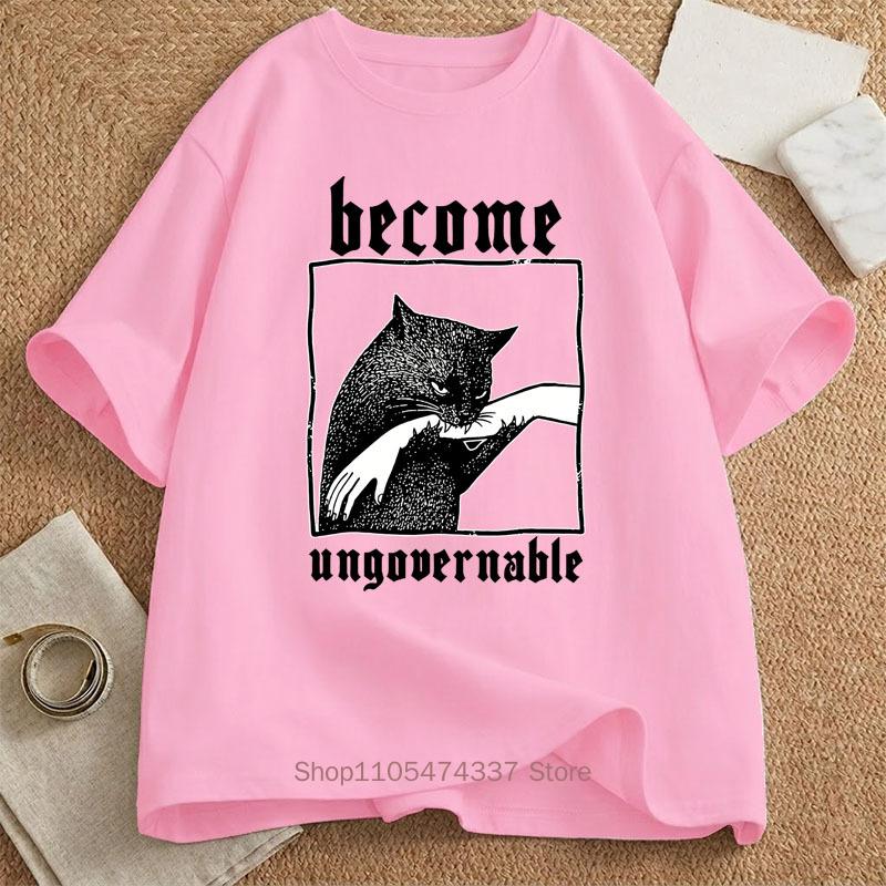 Become Ungovernable Funny Graphic Cat Biting Hand Tshirt Summer Unisex Unisex Fashion Vintage Streetwear Oneck Short Sleeve Tees