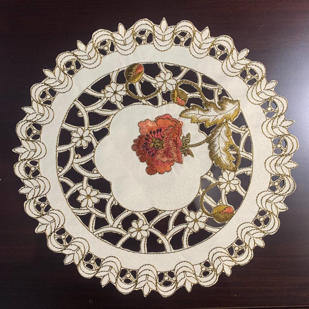 New round placemat, fabric embroidery hollow household heat insulation coaster embroidered western food mat