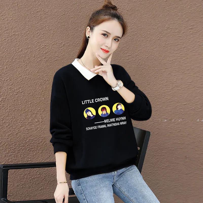 

Women s Spring and Autumn Loose Cotton Lapel Neck Tops Long Sleeve Large Size Casual Pullover M чёрный